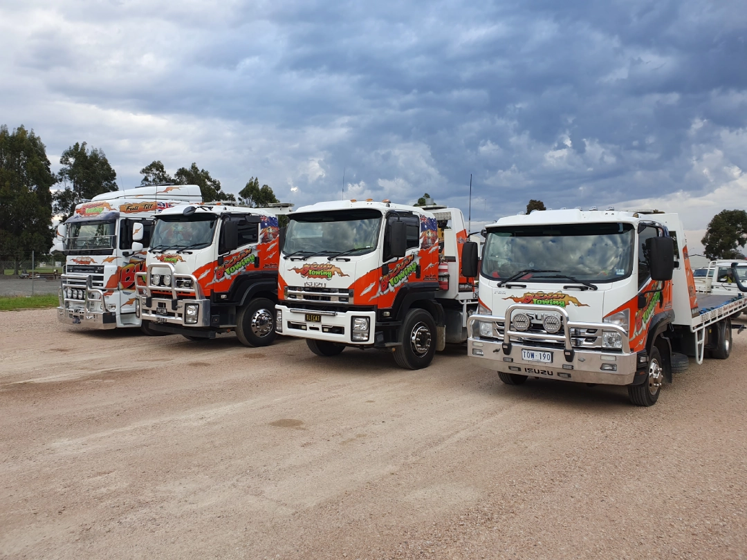 Buchan Towing fleet parked on the road
